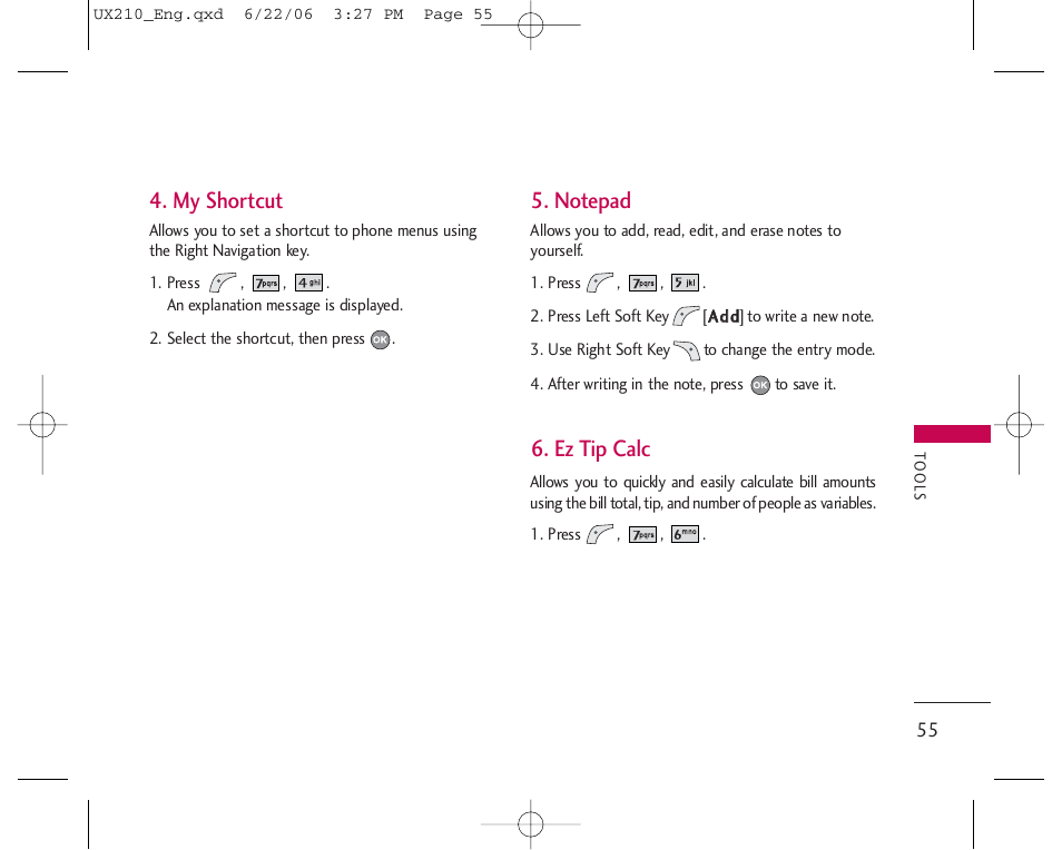 My shortcut, Ez tip calc | LG LGUX210 User Manual | Page 55 / 96