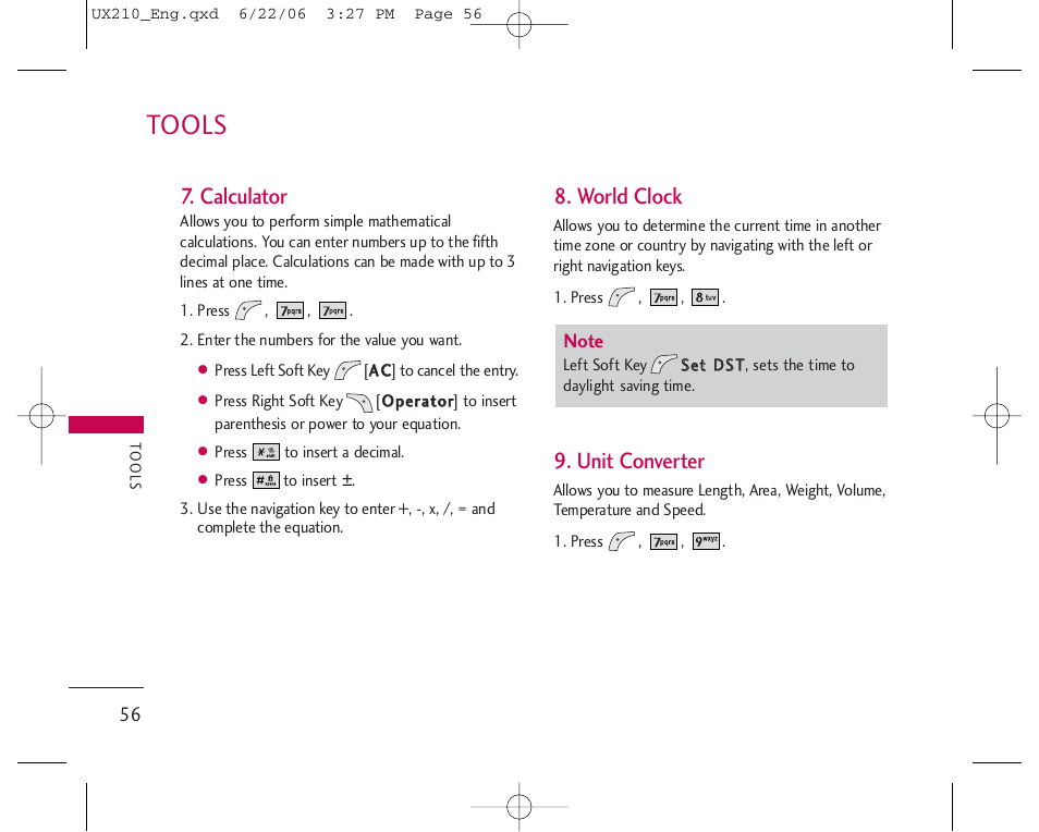 Tools, Calculator, World clock | Unit converter | LG LGUX210 User Manual | Page 56 / 96