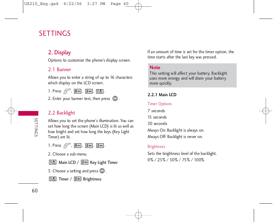 Settings, Display | LG LGUX210 User Manual | Page 60 / 96