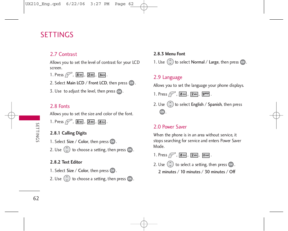 Settings | LG LGUX210 User Manual | Page 62 / 96