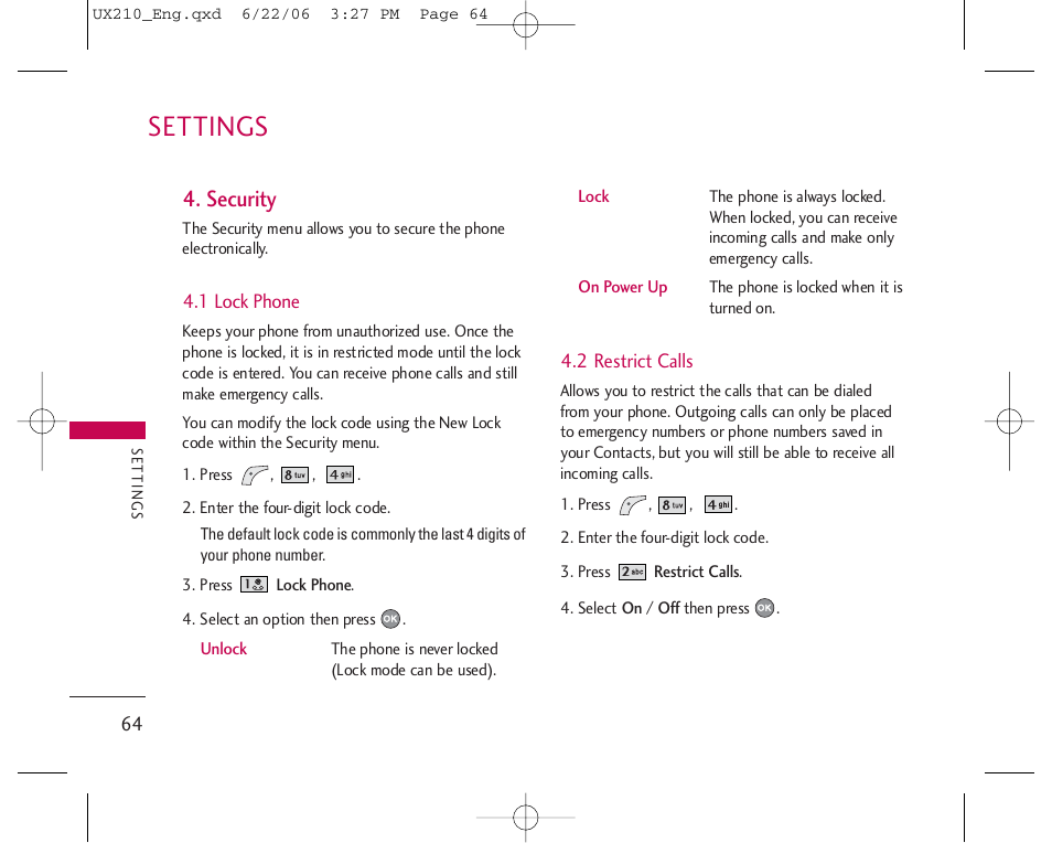 Settings, Security | LG LGUX210 User Manual | Page 64 / 96