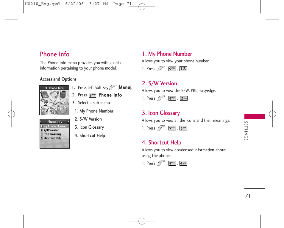 Phone info, My phone number, S/w version | Icon glossary, Shortcut help | LG LGUX210 User Manual | Page 71 / 96