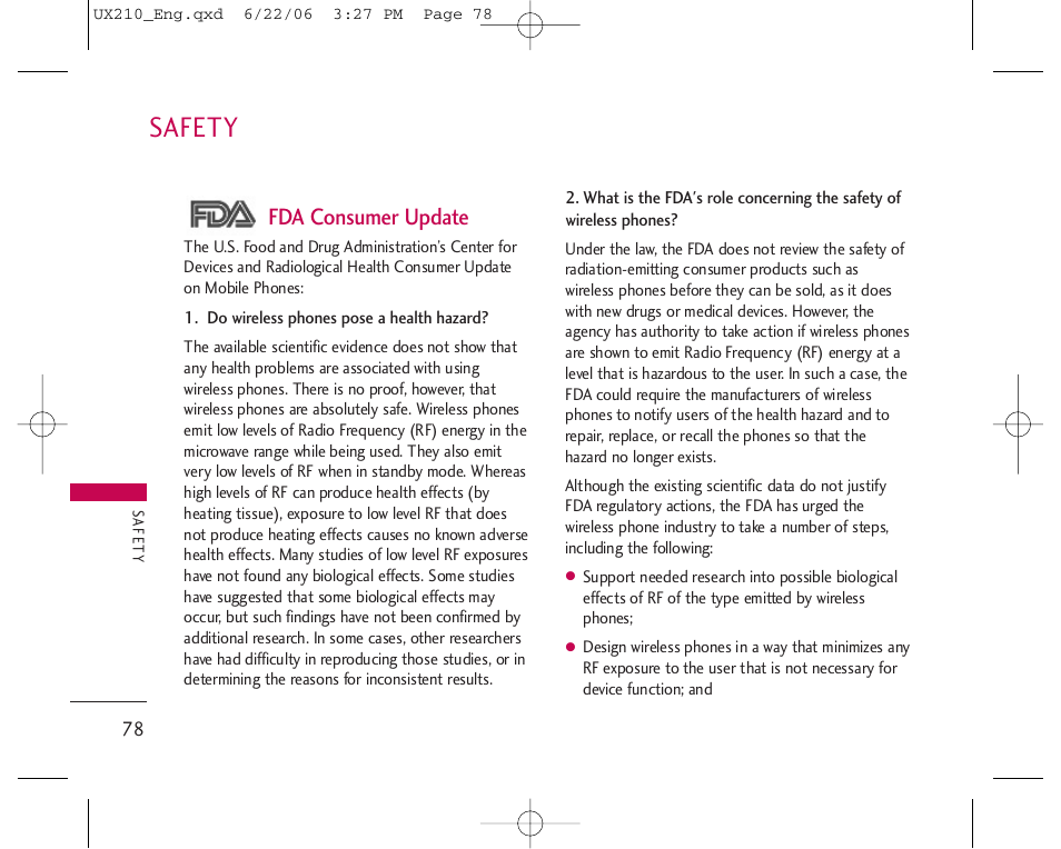 Safety, Fda consumer update | LG LGUX210 User Manual | Page 78 / 96