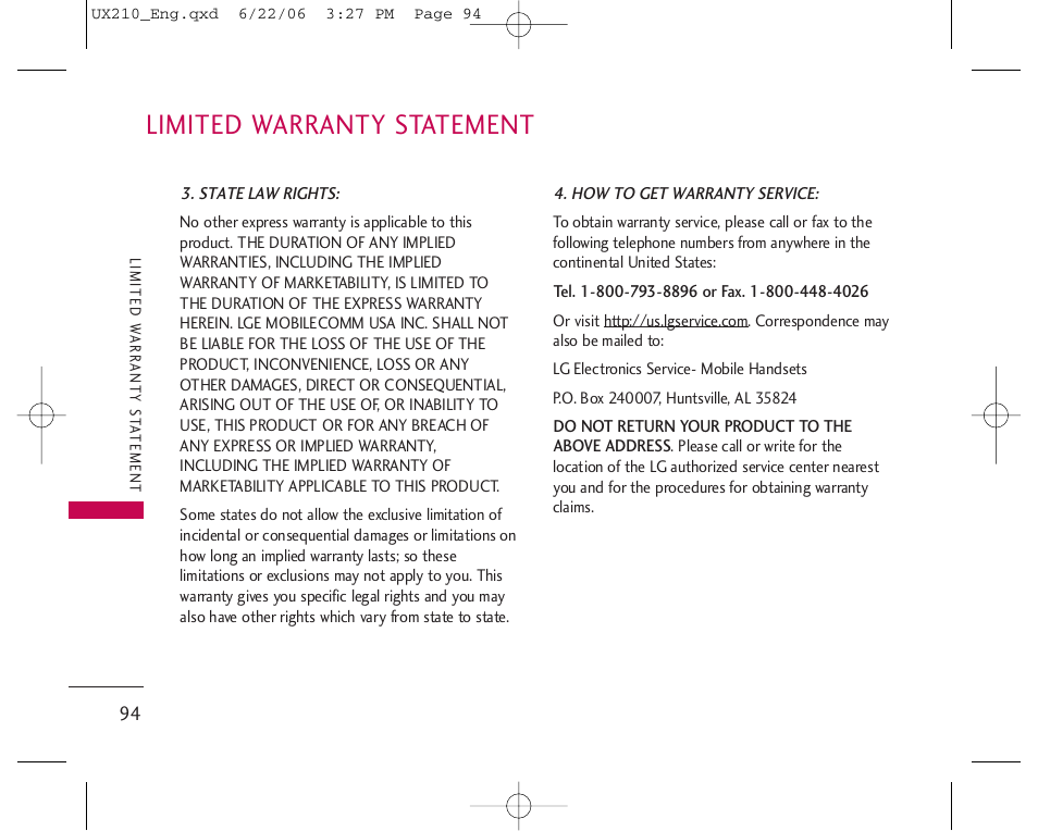 Limited warranty statement | LG LGUX210 User Manual | Page 94 / 96