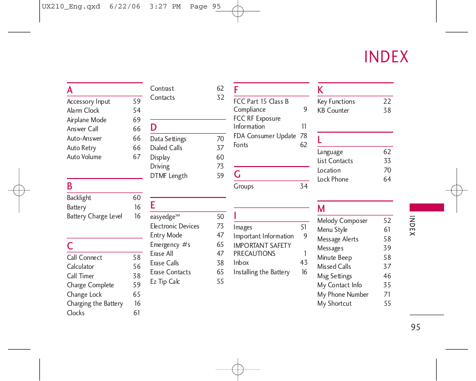 Index | LG LGUX210 User Manual | Page 95 / 96