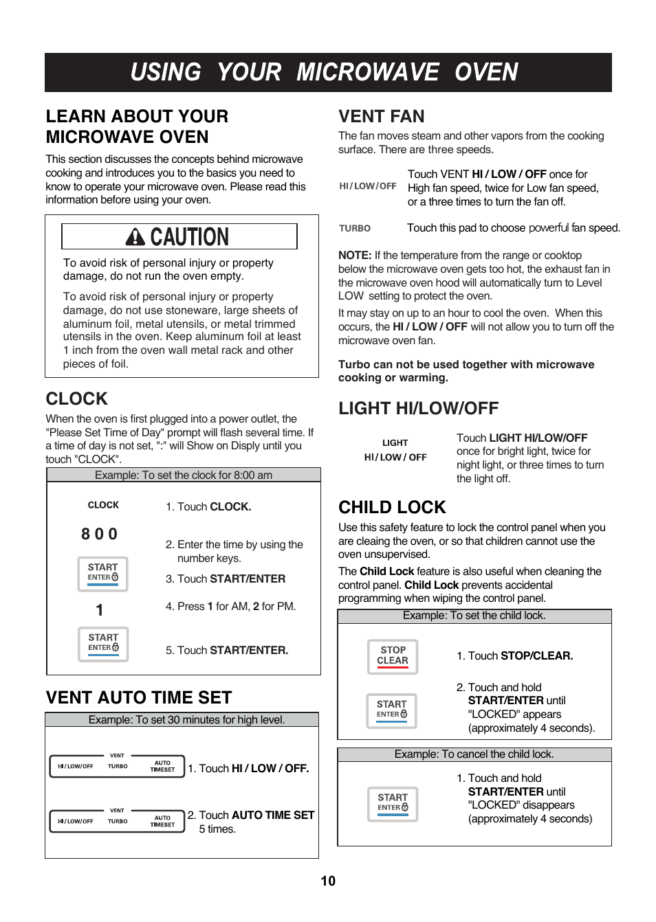 Vent auto time set, Clock, Vent fan light hi/low/off | Learn about your microwave oven, Child lock | LG LMV2015SB User Manual | Page 10 / 32