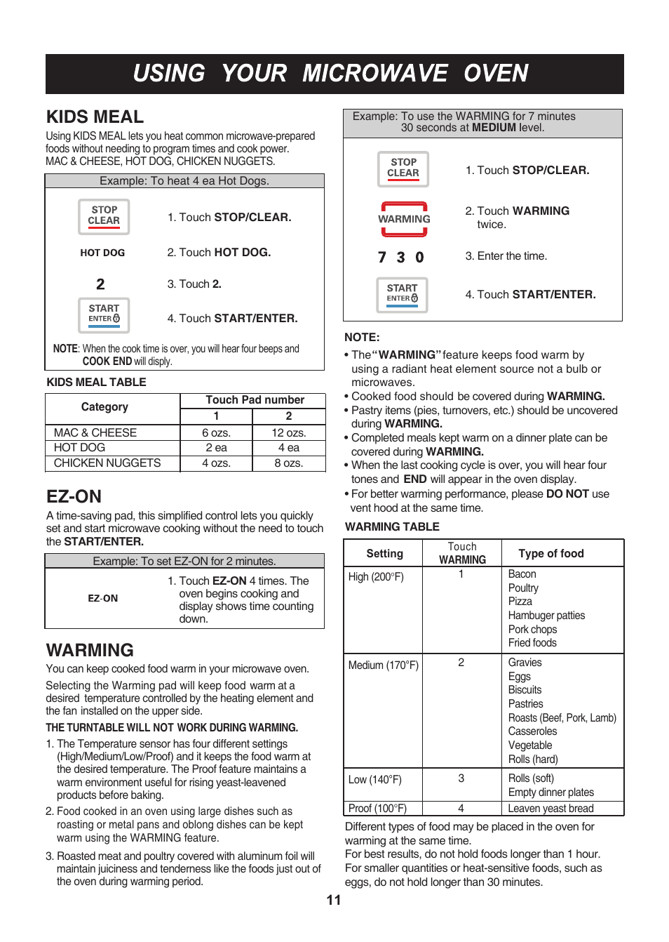Ez-on, Warming, Kids meal | LG LMV2015SB User Manual | Page 11 / 32