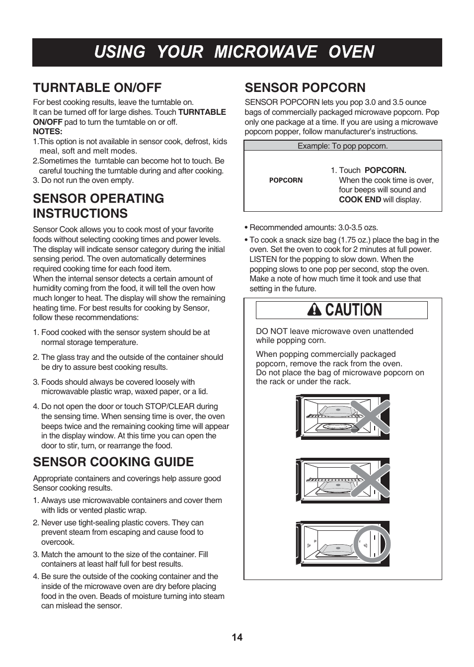 Sensor cooking guide | LG LMV2015SB User Manual | Page 14 / 32