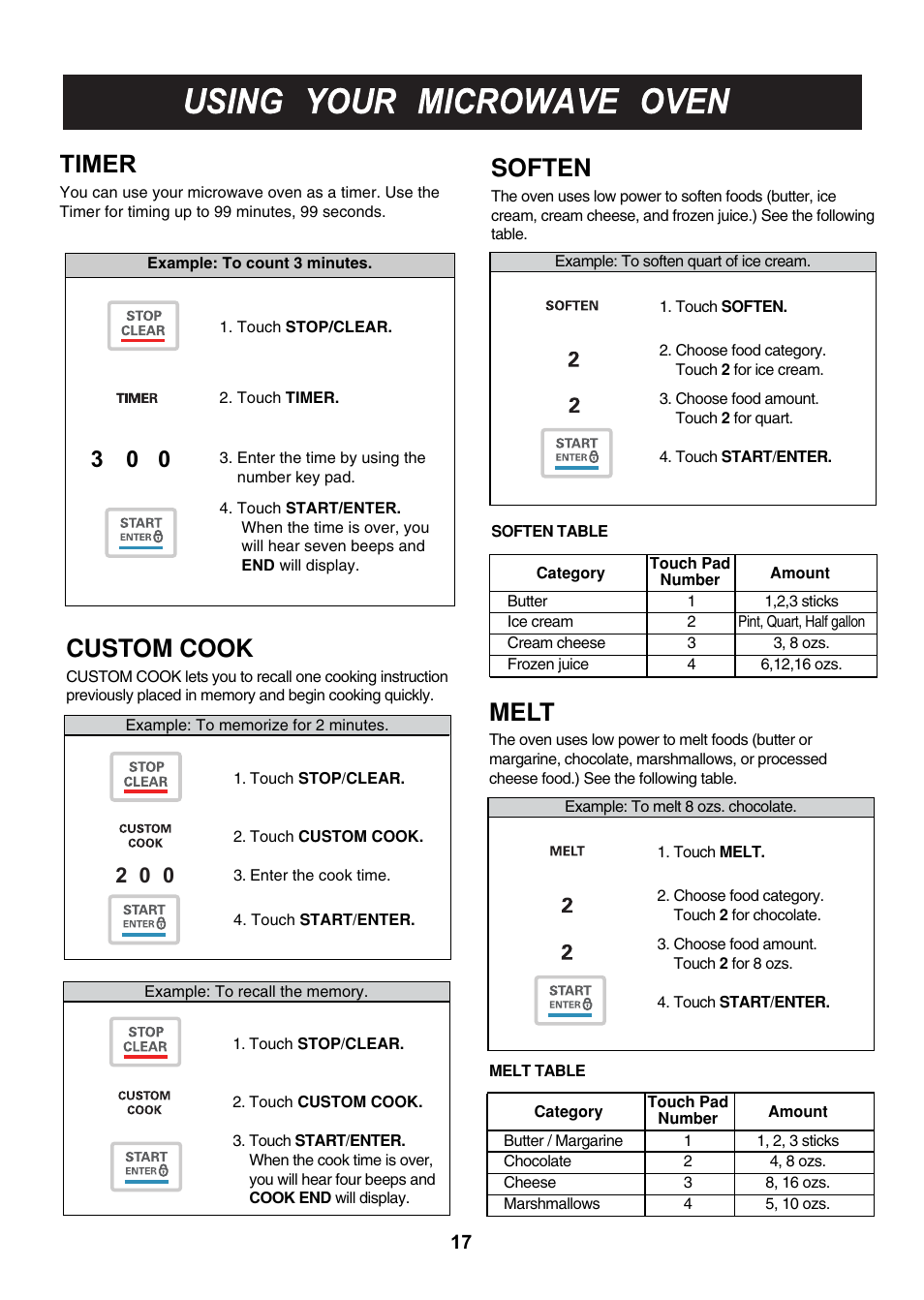 Soften, Melt, Timer | Custom cook | LG LMV2015SB User Manual | Page 17 / 32