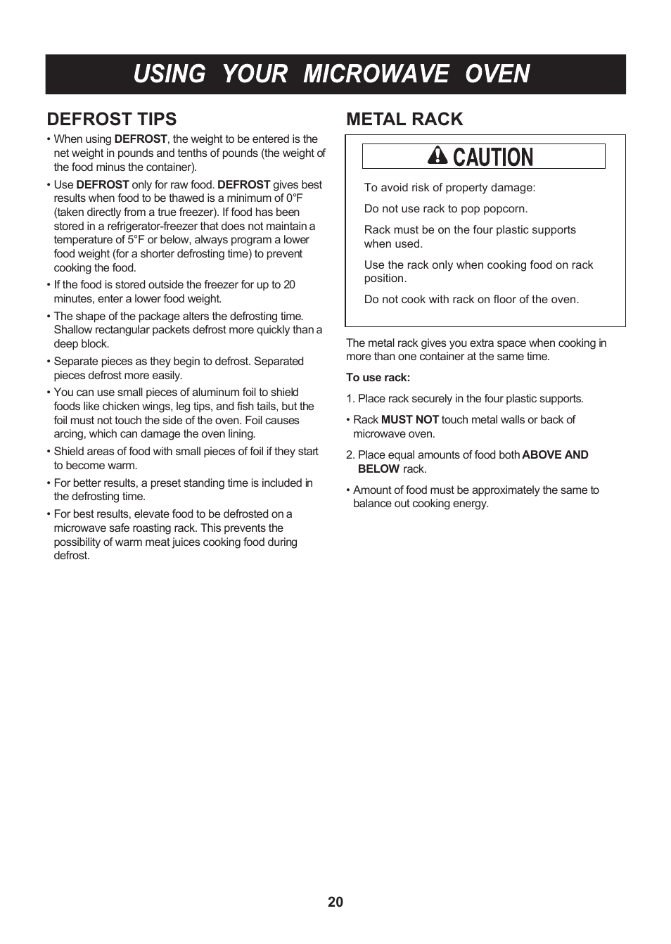 Metal rack, Defrost tips | LG LMV2015SB User Manual | Page 20 / 32