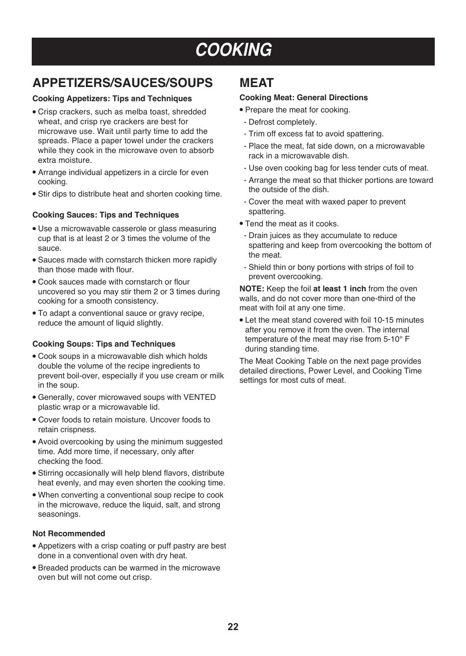 Cooking, Appetizers/sauces/soups, Meat | LG LMV2015SB User Manual | Page 22 / 32