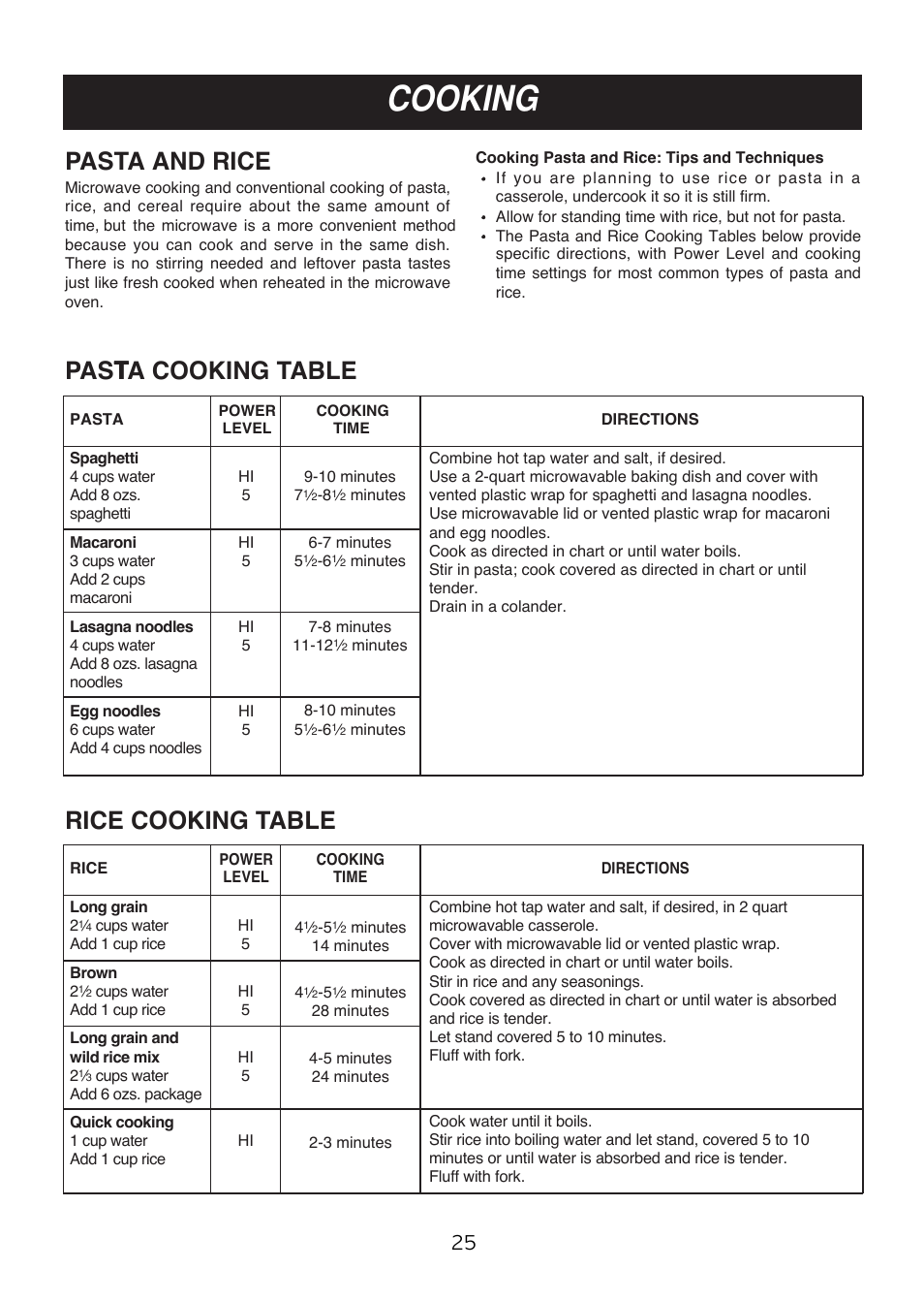 Cooking, Pasta and rice, Rice cooking table | LG LMV2015SB User Manual | Page 25 / 32
