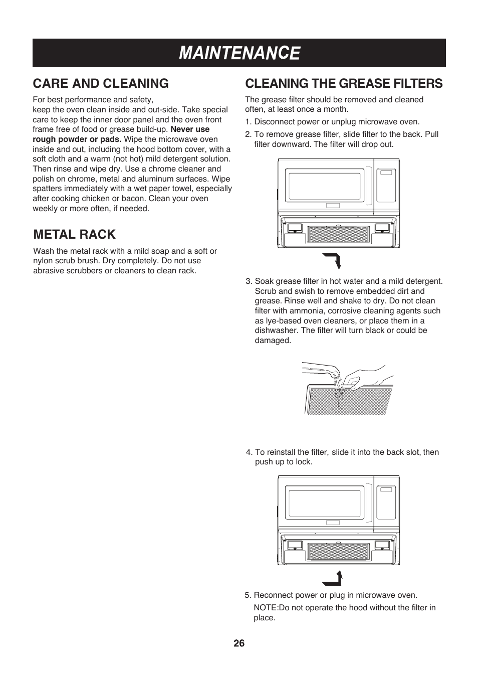 Care and cleaning, Metal rack, Cleaning the grease filters | LG LMV2015SB User Manual | Page 26 / 32