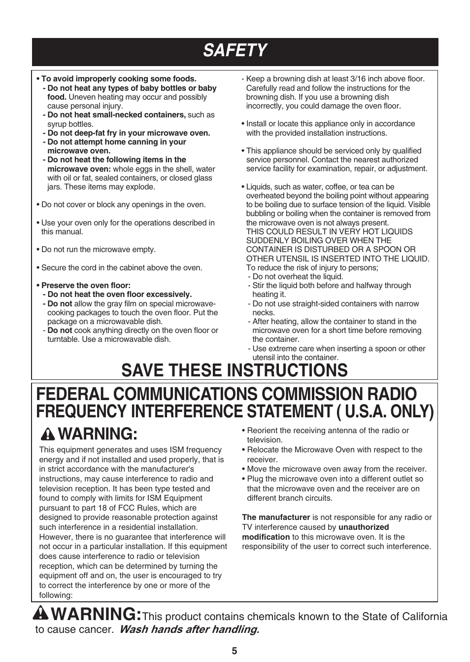 Safety, Warning, Wash hands after handling | LG LMV2015SB User Manual | Page 5 / 32