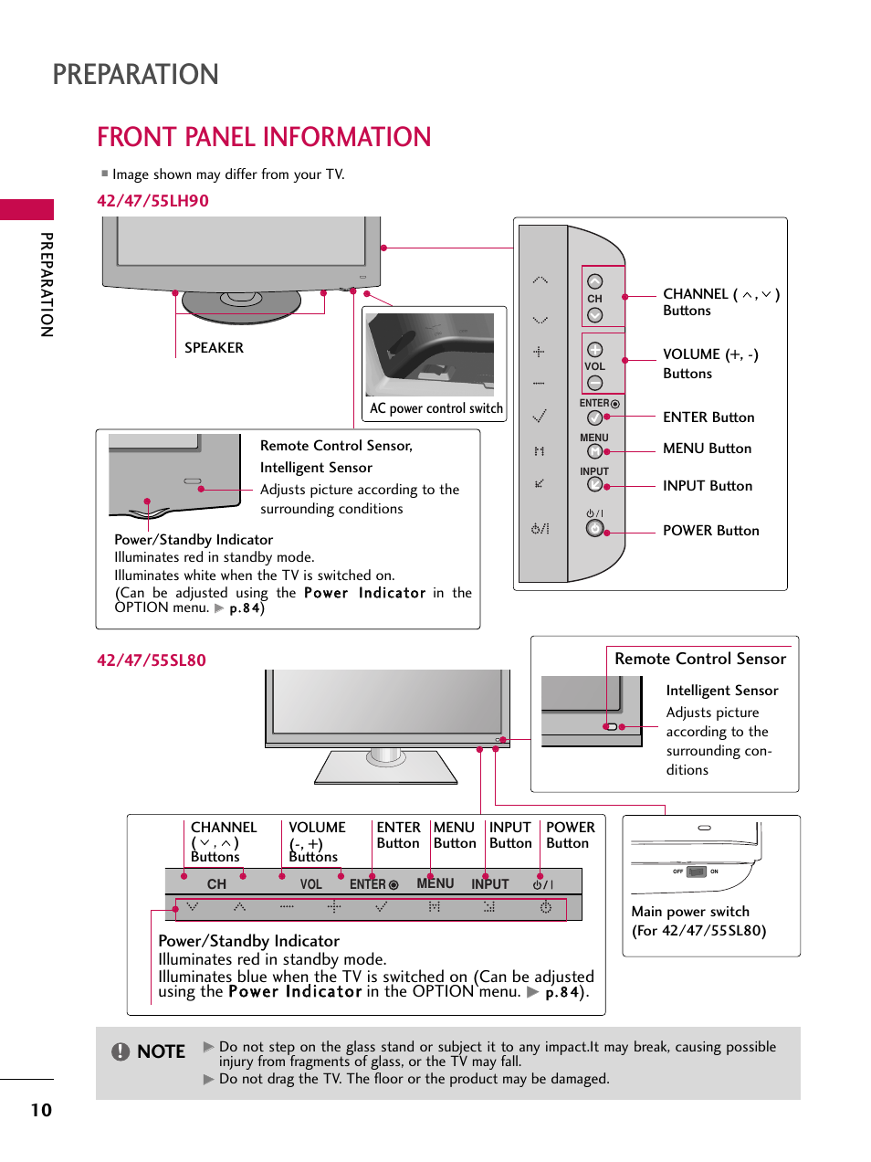 Front panel information, Preparation | LG 42SL90 User Manual | Page 10 / 140