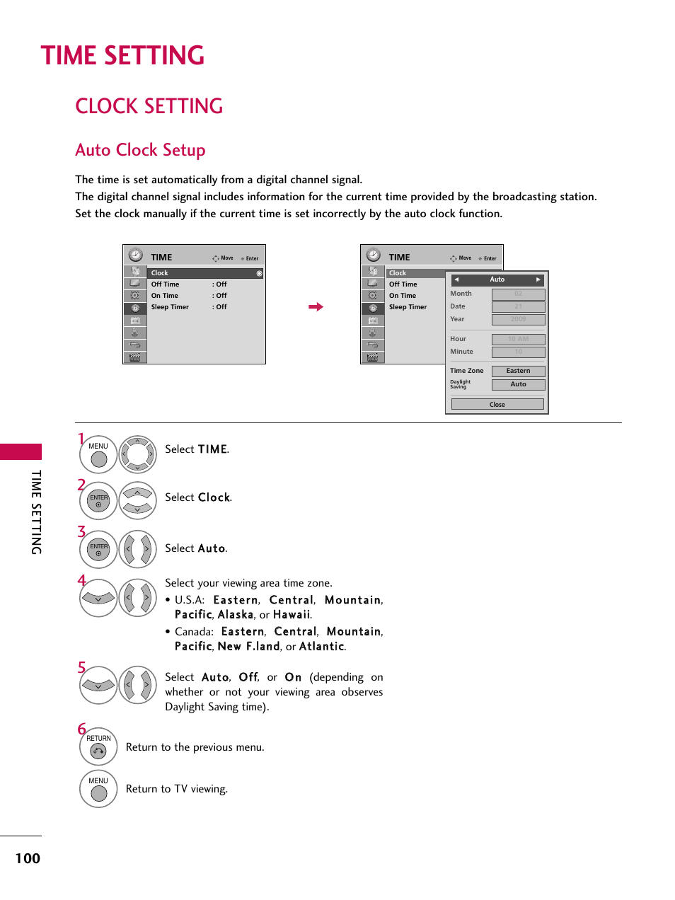 Time setting, Clock setting, Auto clock setup | LG 42SL90 User Manual | Page 100 / 140