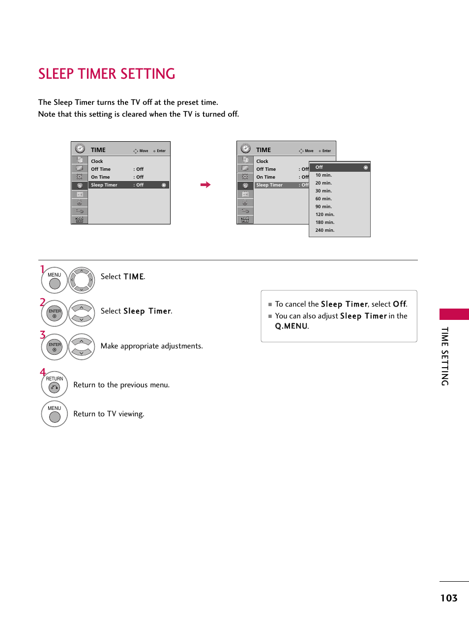 Sleep timer setting, Time setting | LG 42SL90 User Manual | Page 103 / 140