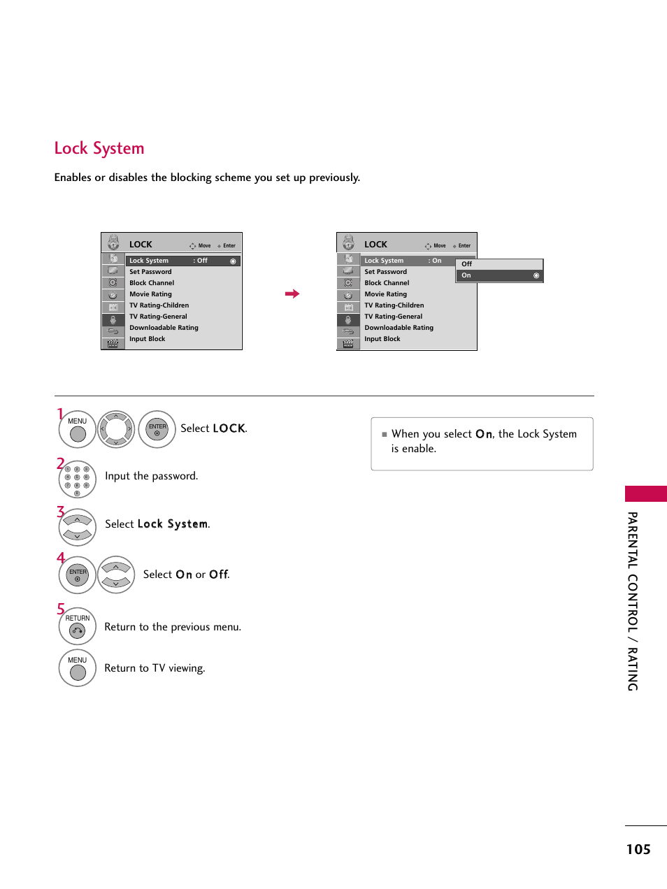 Lock system, Parent al contr ol / r a ting | LG 42SL90 User Manual | Page 105 / 140
