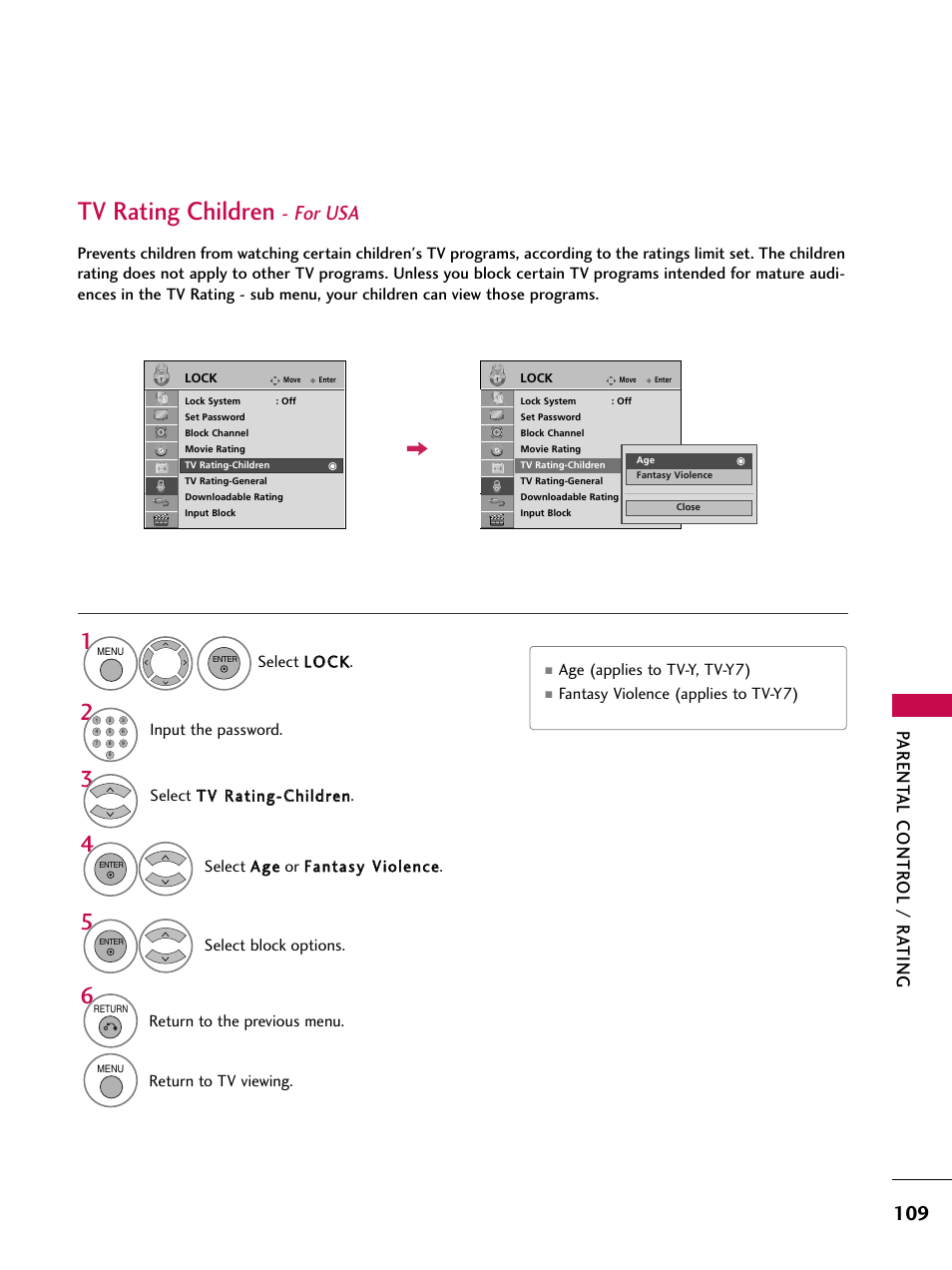 Tv rating children - for usa, Tv rating children, For usa | Parent al contr ol / r a ting | LG 42SL90 User Manual | Page 109 / 140