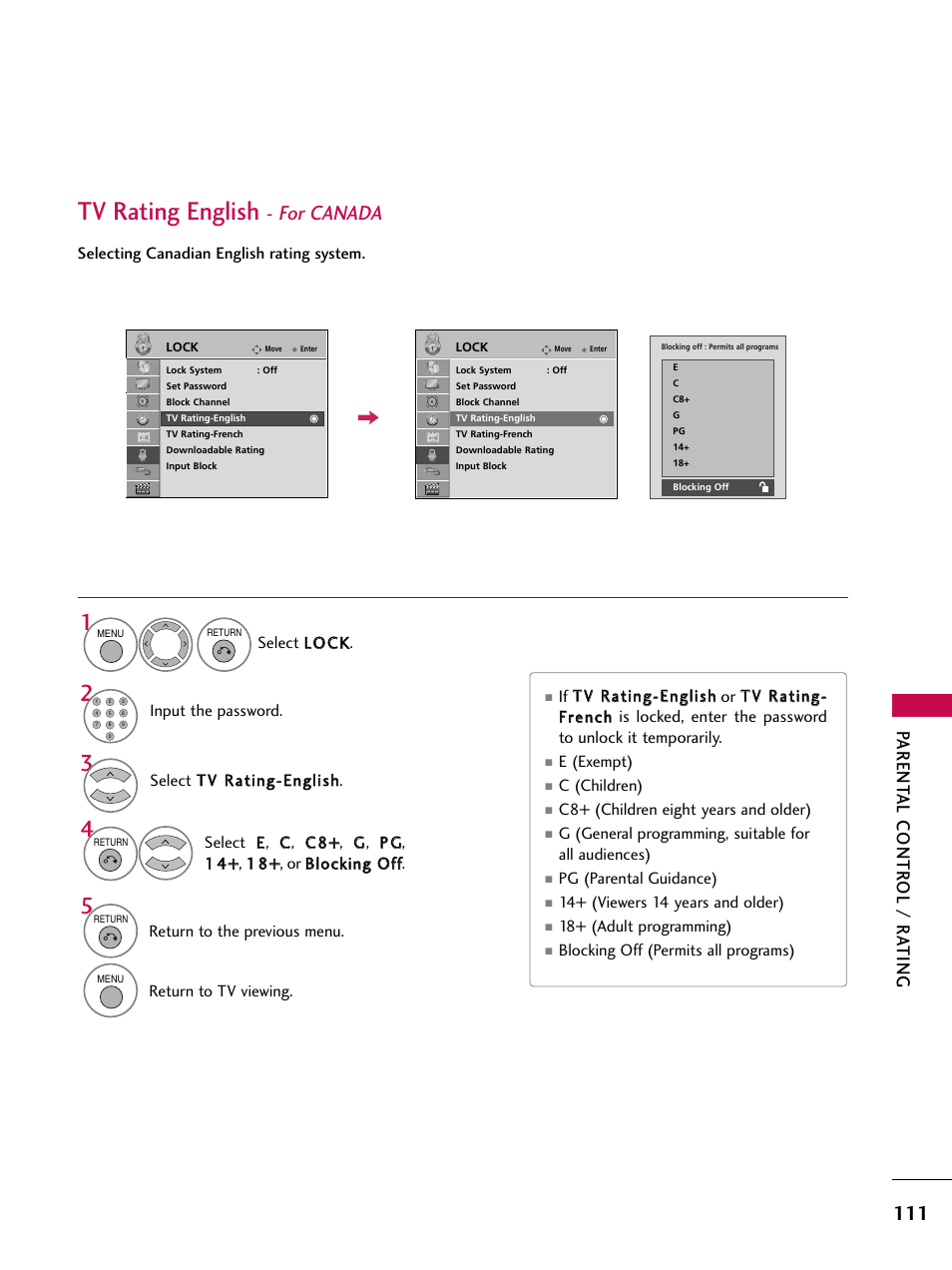 Tv rating english - for canada, Tv rating english, For canada | Parent al contr ol / r a ting | LG 42SL90 User Manual | Page 111 / 140