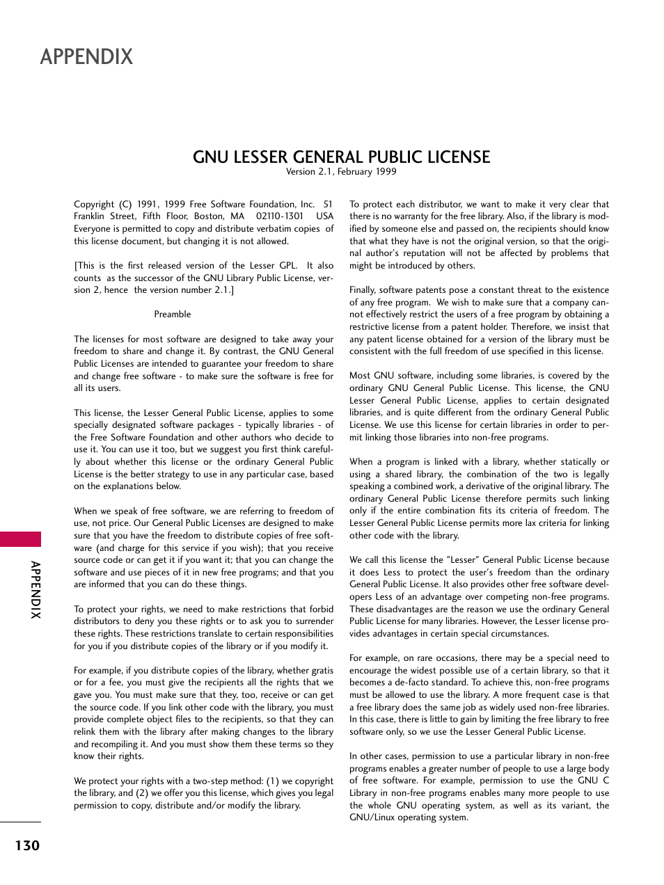 Appendix, Gnu lesser general public license | LG 42SL90 User Manual | Page 130 / 140