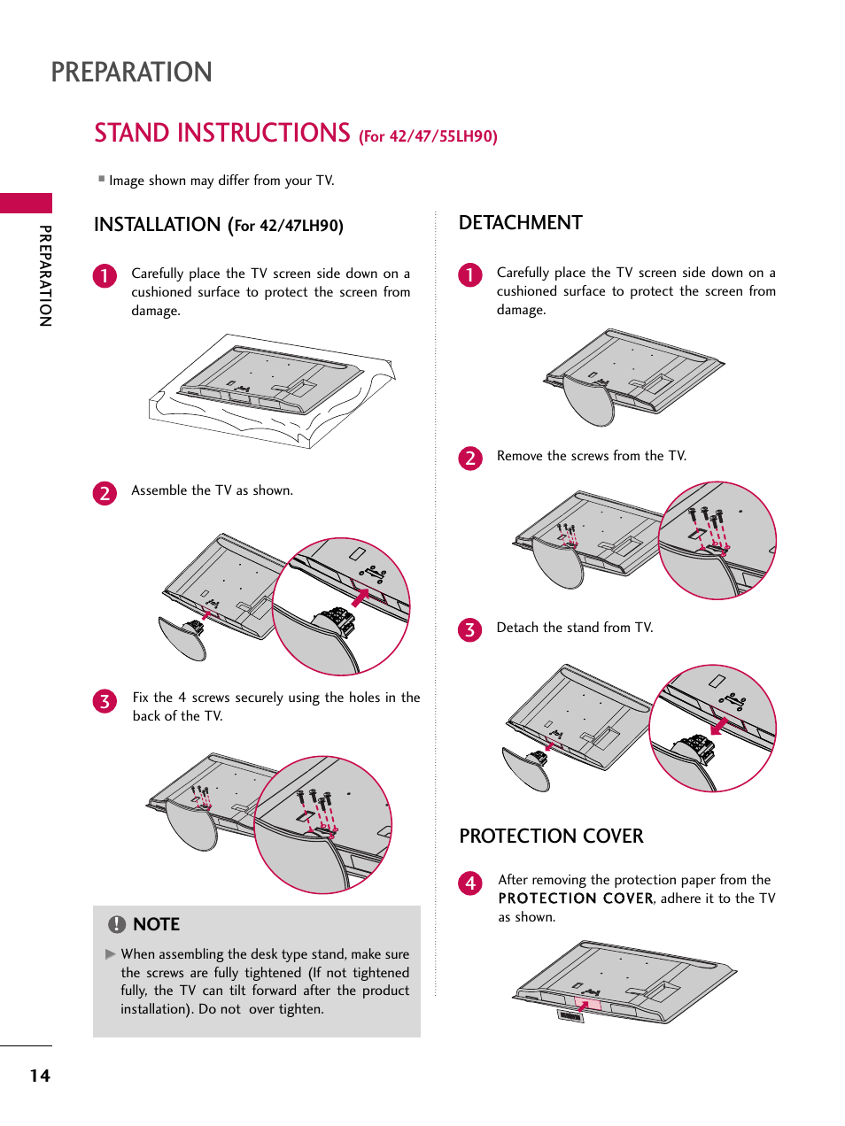 Stand instructions (for 42/47/55lh90), Preparation, Stand instructions | Installation, Detachment, Protection cover | LG 42SL90 User Manual | Page 14 / 140