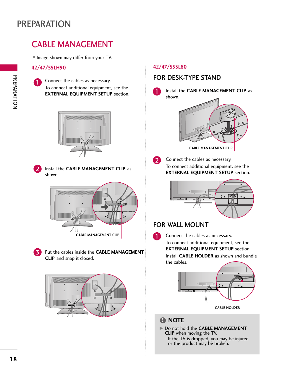 Cable management, Preparation, For desk-type stand for wall mount | LG 42SL90 User Manual | Page 18 / 140