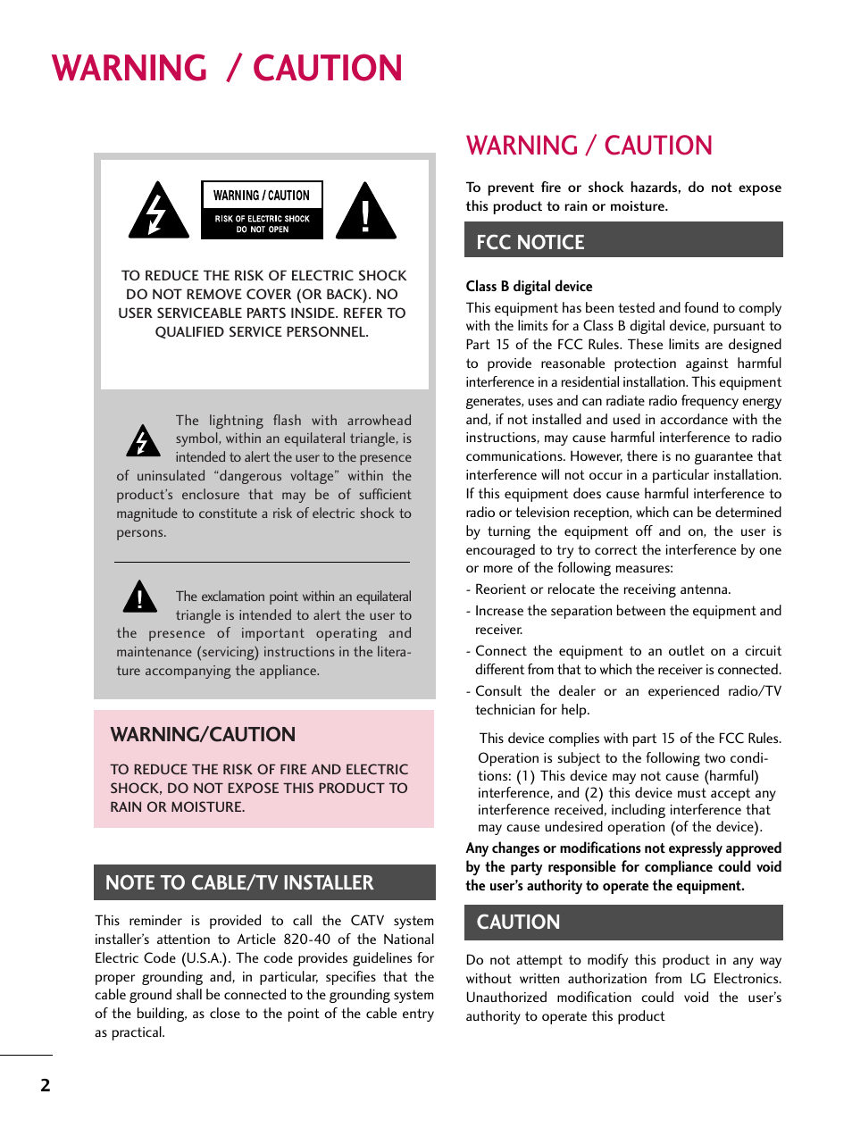 Warning / caution, Warning/caution, Fcc notice | Caution | LG 42SL90 User Manual | Page 2 / 140