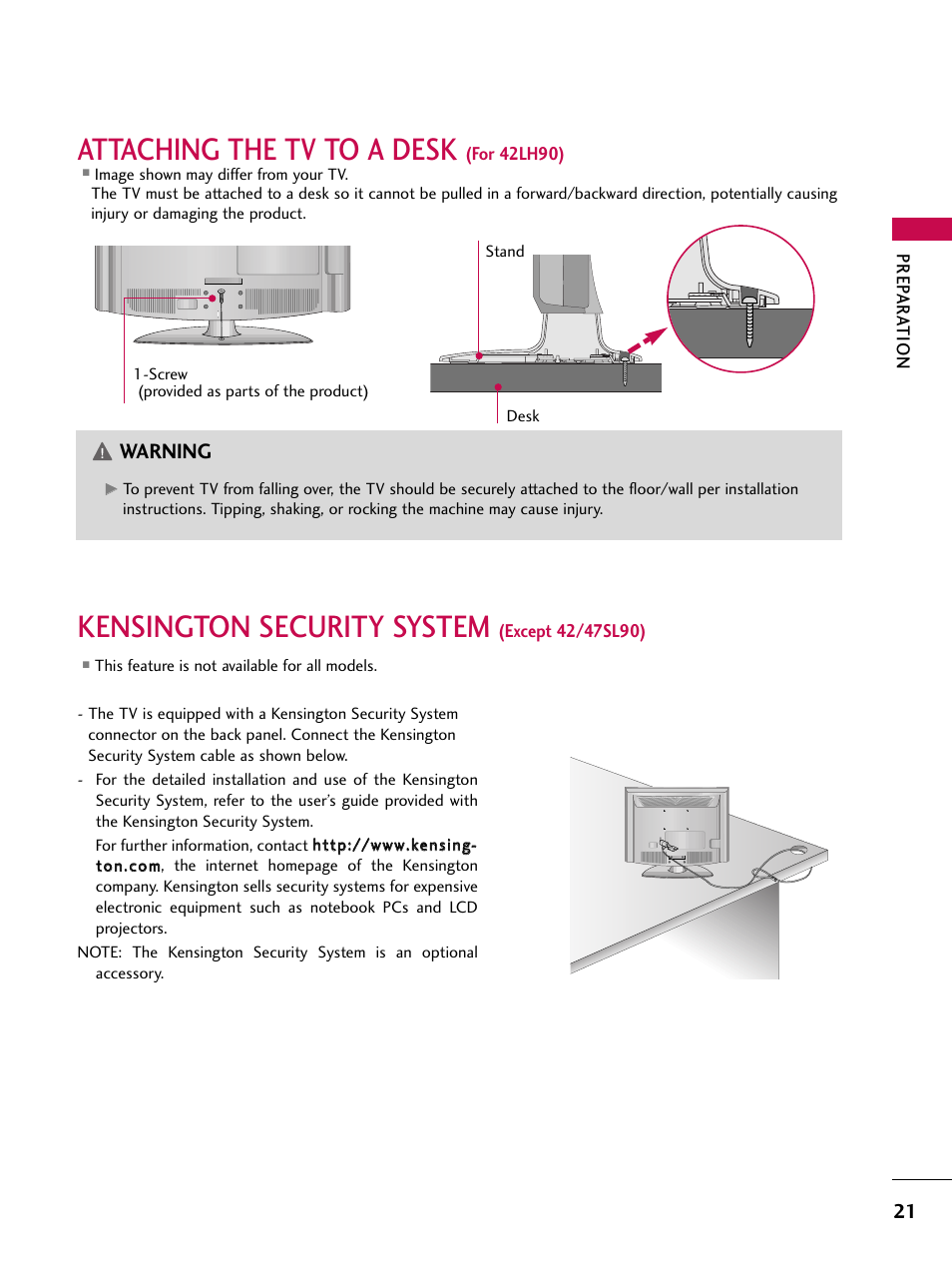 Attaching the tv to a desk (for 42lh90), Kensington security system (except 42/47sl90), Attaching the tv to a desk | Kensington security system, Warning | LG 42SL90 User Manual | Page 21 / 140