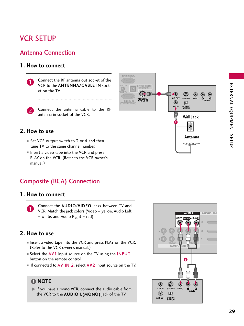 Vcr setup, Antenna connection, Composite (rca) connection | How to connect 2. how to use, External eq uipment setup | LG 42SL90 User Manual | Page 29 / 140