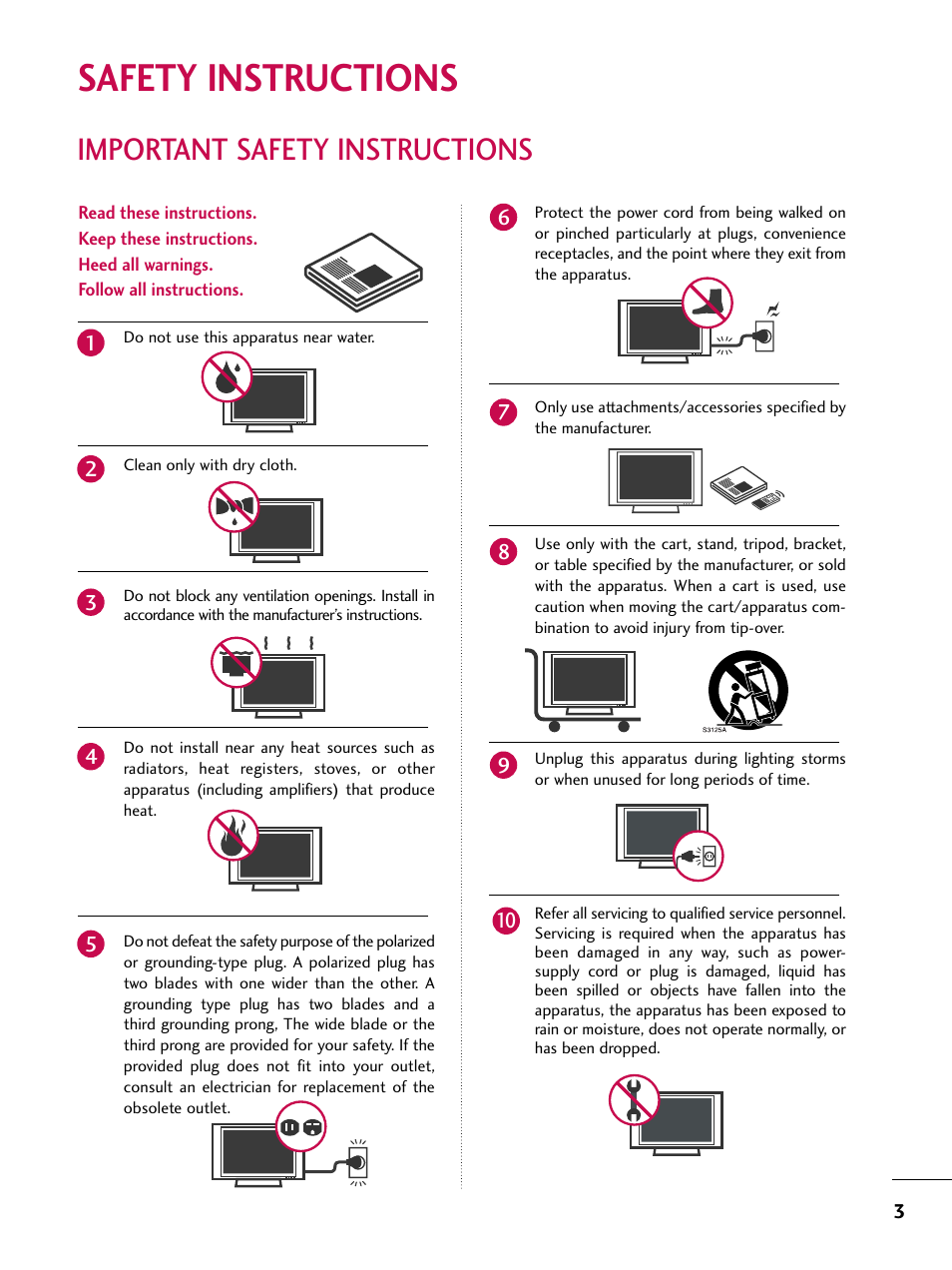 Safety instructions, Important safety instructions | LG 42SL90 User Manual | Page 3 / 140