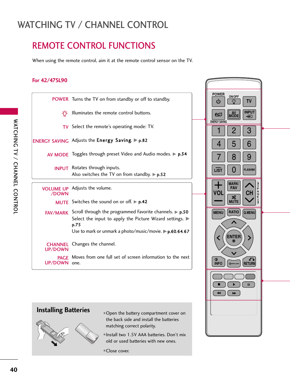 Remote control functions(for 42/47sl90), Installing batteries, Watching tv / channel control | Remote control functions, Ch vol | LG 42SL90 User Manual | Page 40 / 140