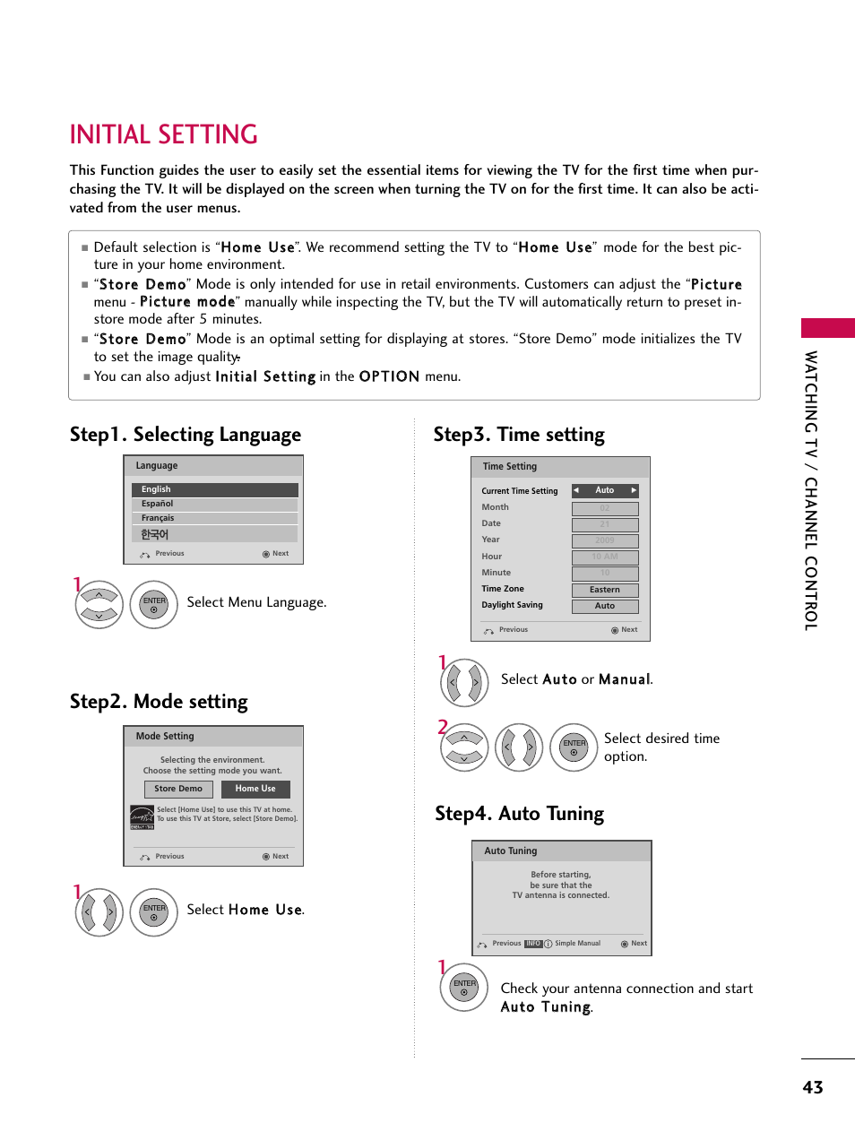 Initial setting, Step3. time setting step4. auto tuning, Step1. selecting language | Step2. mode setting, Wa tching tv / channel contr ol | LG 42SL90 User Manual | Page 43 / 140