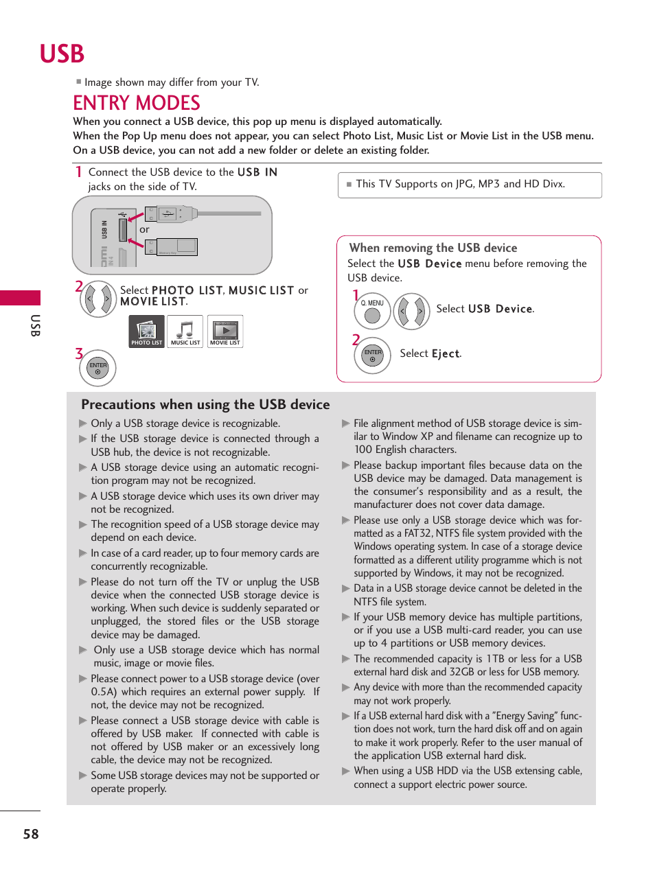 Entry modes, Precautions when using the usb device, When removing the usb device | LG 42SL90 User Manual | Page 58 / 140