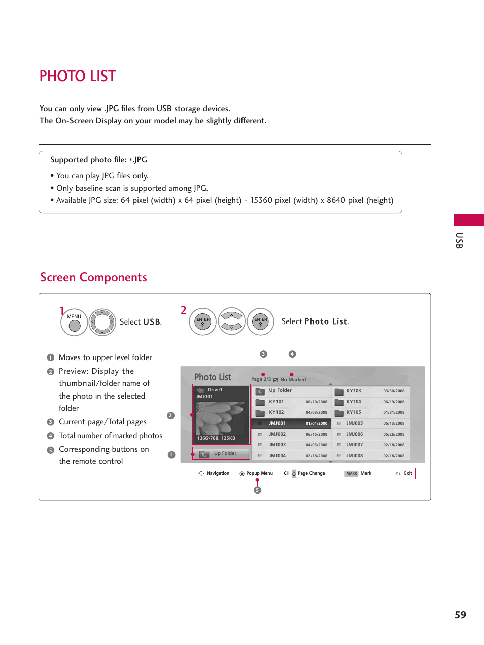 Photo list, Screen components | LG 42SL90 User Manual | Page 59 / 140