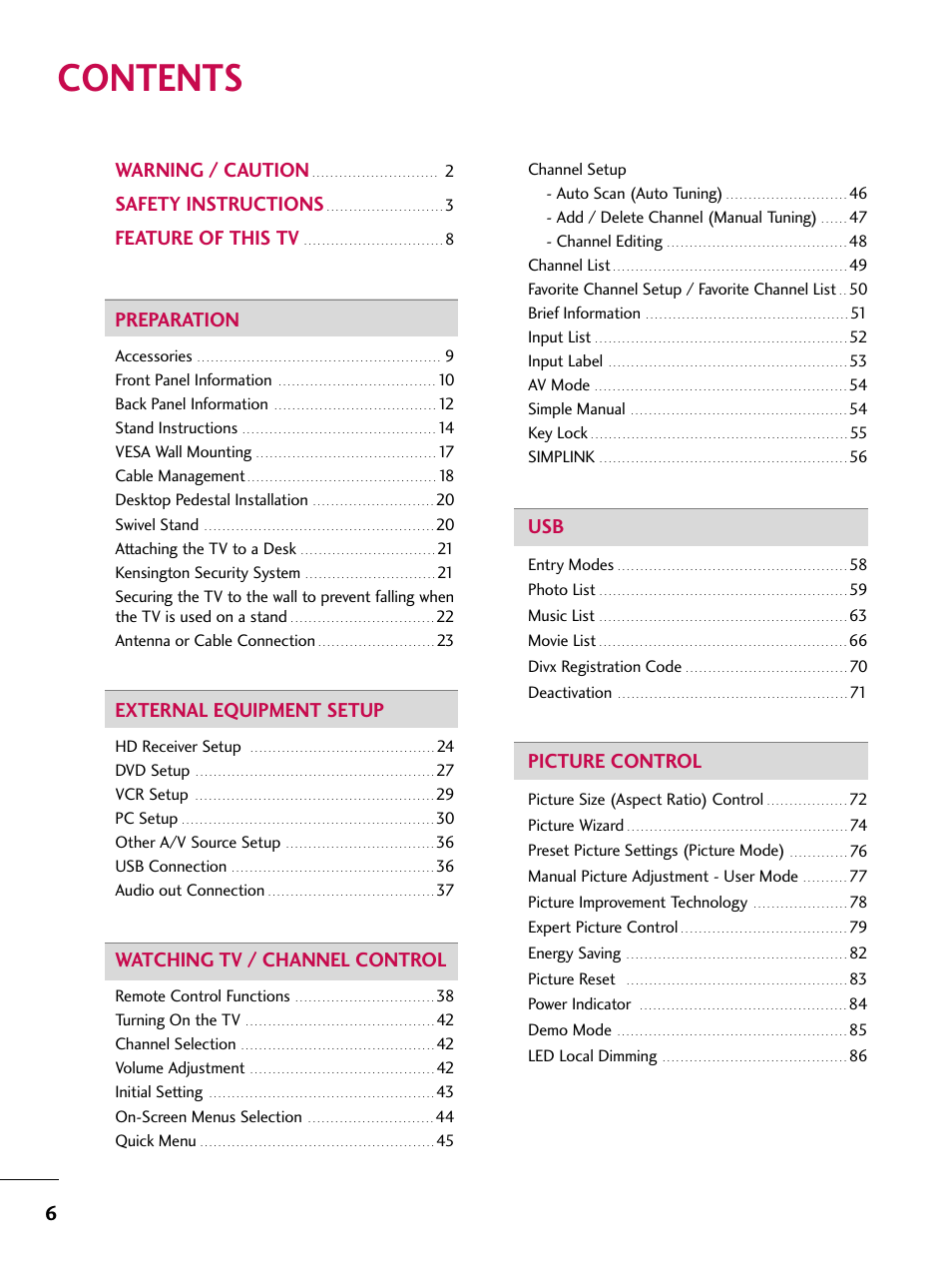 LG 42SL90 User Manual | Page 6 / 140