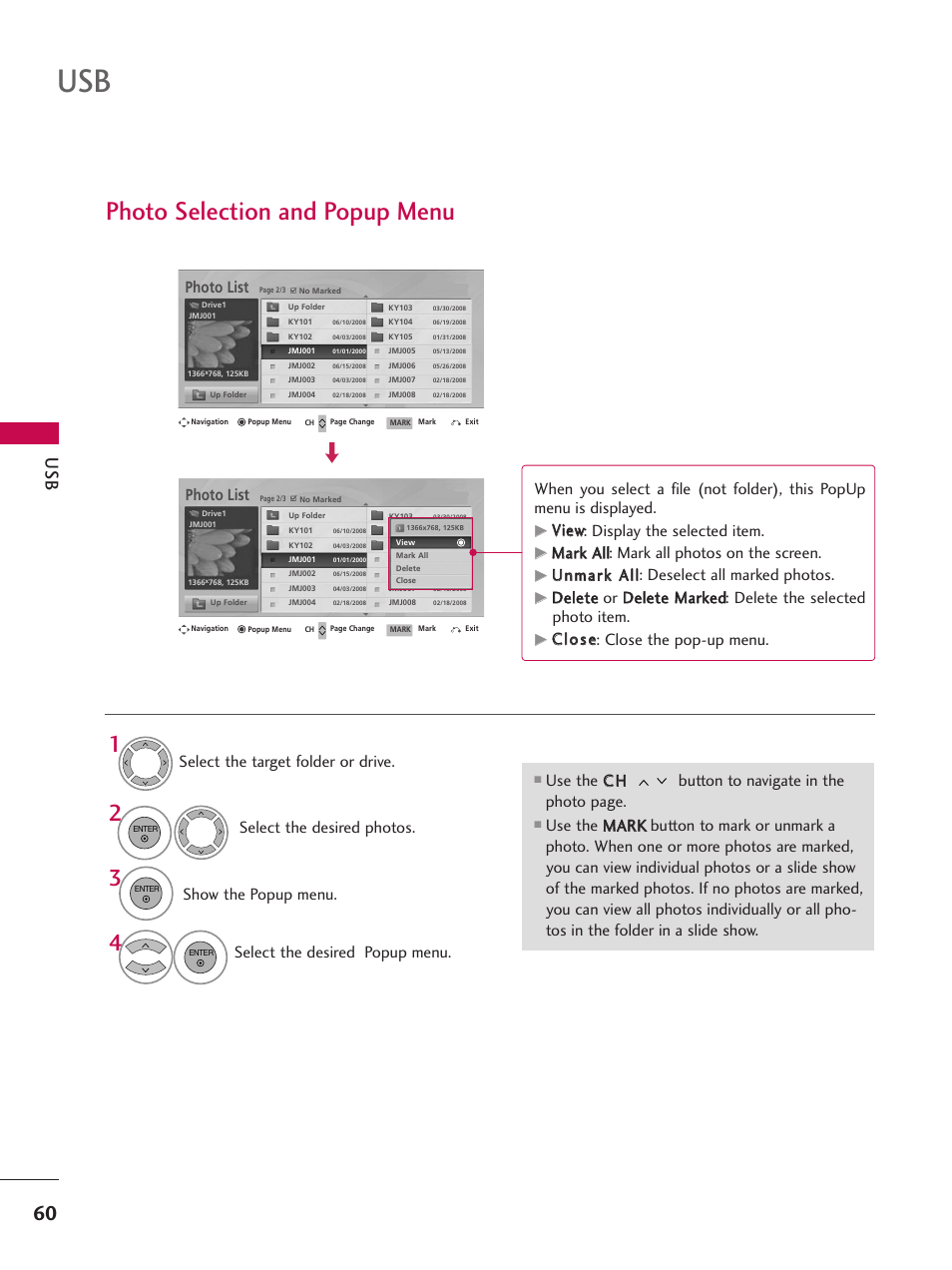 Photo selection and popup menu, Show the popup menu, Select the desired popup menu | Photo list, Vviieew w: display the selected item, Cc ll o o ss ee: close the pop-up menu | LG 42SL90 User Manual | Page 60 / 140