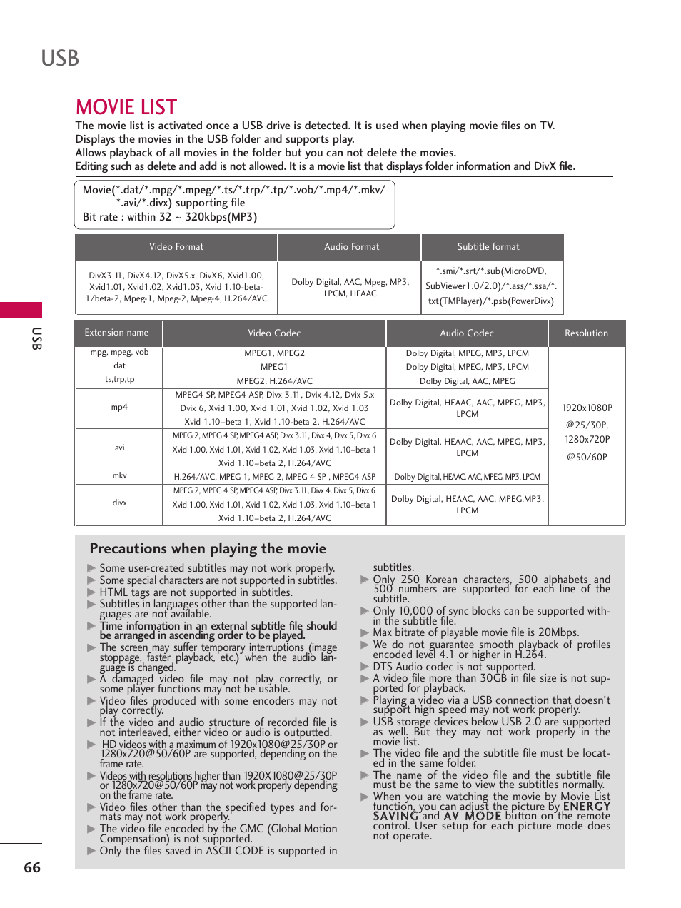 Movie list, Precautions when playing the movie | LG 42SL90 User Manual | Page 66 / 140