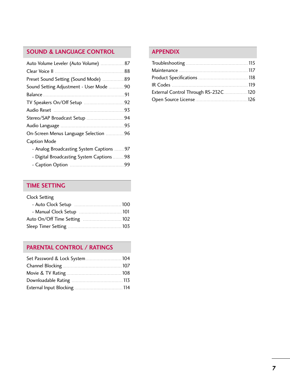 7sound & language control, Time setting, Parental control / ratings | Appendix | LG 42SL90 User Manual | Page 7 / 140