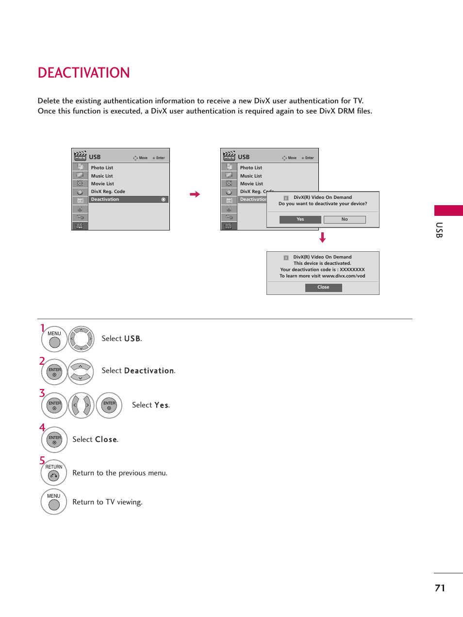 Deactivation | LG 42SL90 User Manual | Page 71 / 140