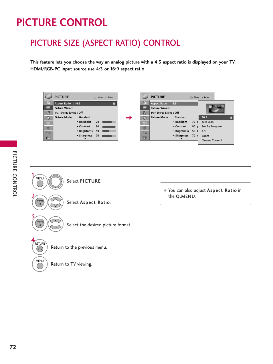 Picture control, Picture size (aspect ratio) control, Picture contr ol | LG 42SL90 User Manual | Page 72 / 140