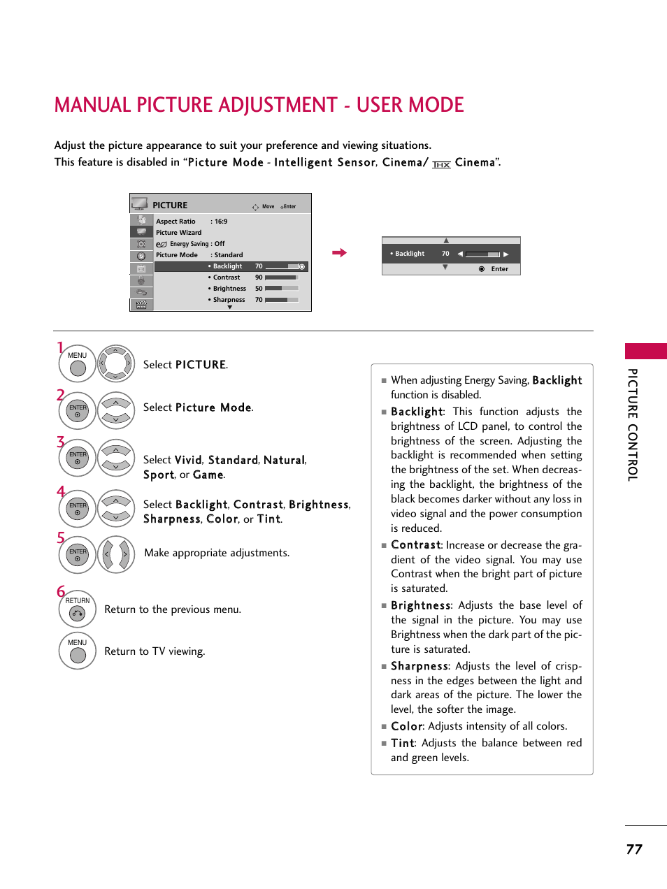 Manual picture adjustment - user mode, Picture contr ol | LG 42SL90 User Manual | Page 77 / 140