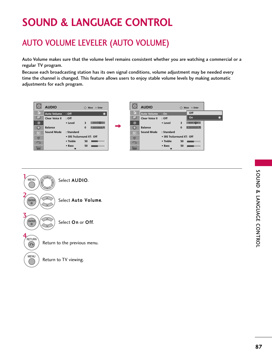 Sound & language control, Auto volume leveler (auto volume), Sound & langu a ge contr ol | Return to the previous menu, Return to tv viewing | LG 42SL90 User Manual | Page 87 / 140