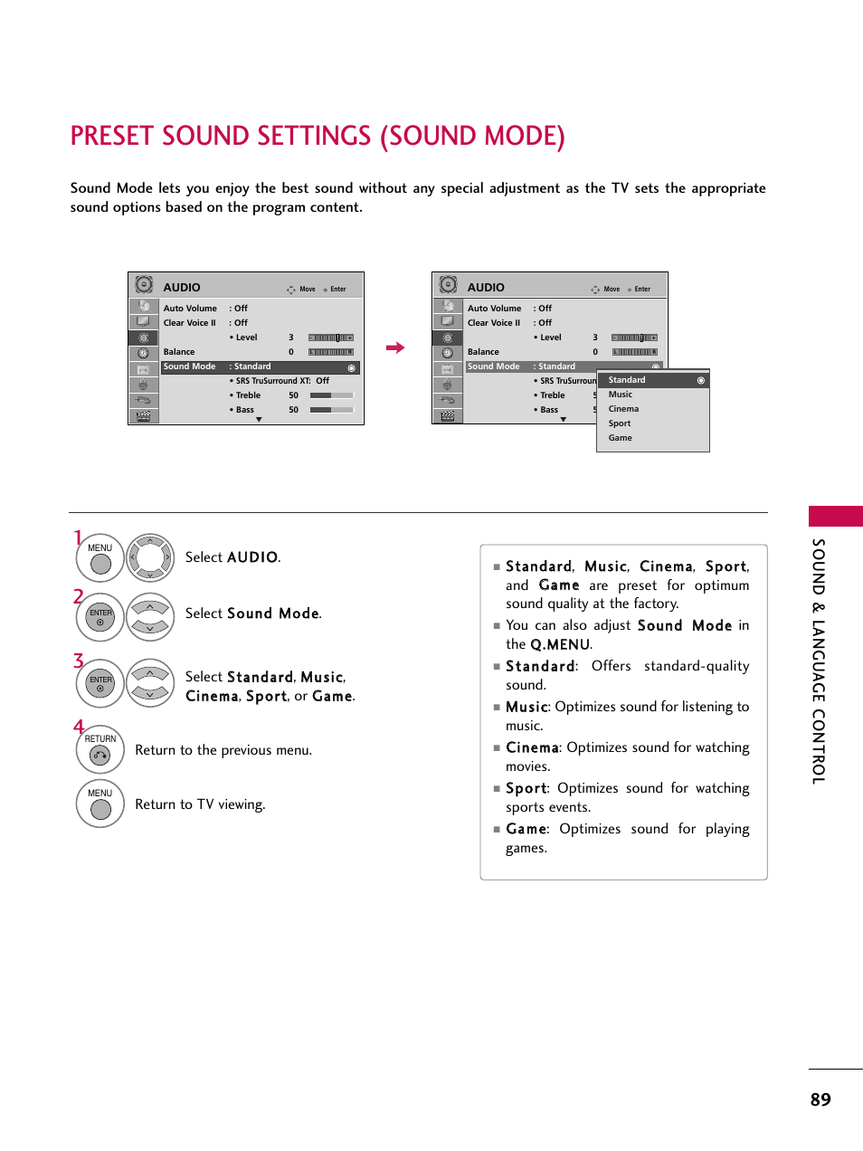Preset sound settings (sound mode), Sound & langu a ge contr ol | LG 42SL90 User Manual | Page 89 / 140