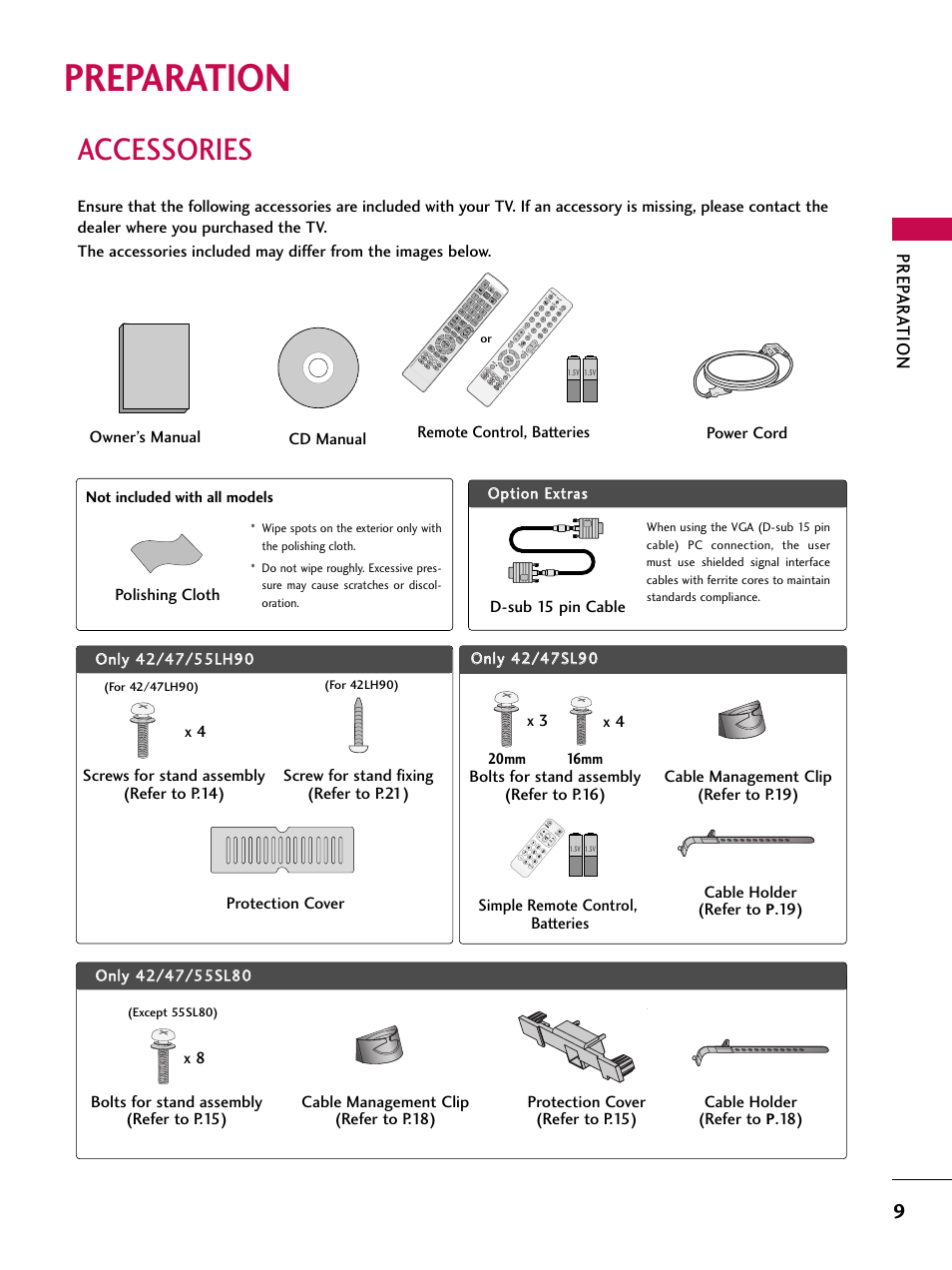 Preparation, Accessories, Prep ar a tion | Remote control, batteries, X 3 x 4, 20mm 16mm | LG 42SL90 User Manual | Page 9 / 140