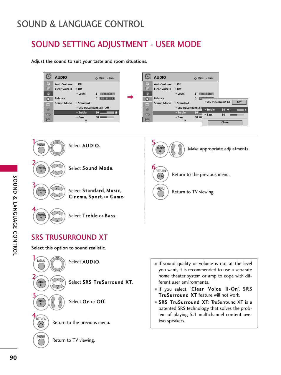 Sound setting adjustment - user mode, Sound & language control, Srs trusurround xt | Sound & langu a ge contr ol | LG 42SL90 User Manual | Page 90 / 140