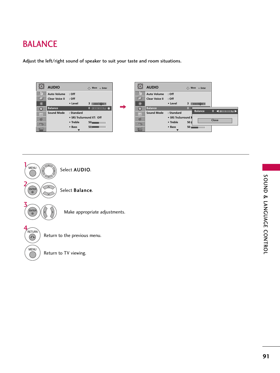 Balance, Sound & langu a ge contr ol, Return to the previous menu | Return to tv viewing | LG 42SL90 User Manual | Page 91 / 140