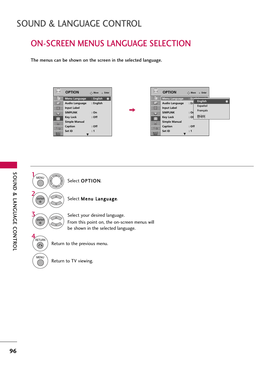 On-screen menus language selection, Sound & language control, Sound & langu a ge contr ol | LG 42SL90 User Manual | Page 96 / 140