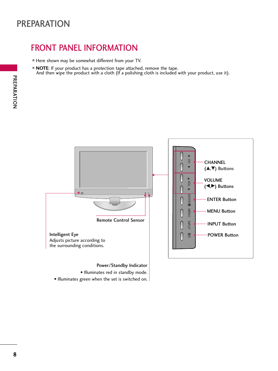 Front panel information, Preparation, Prep ar a tion | LG 52LBX User Manual | Page 10 / 102