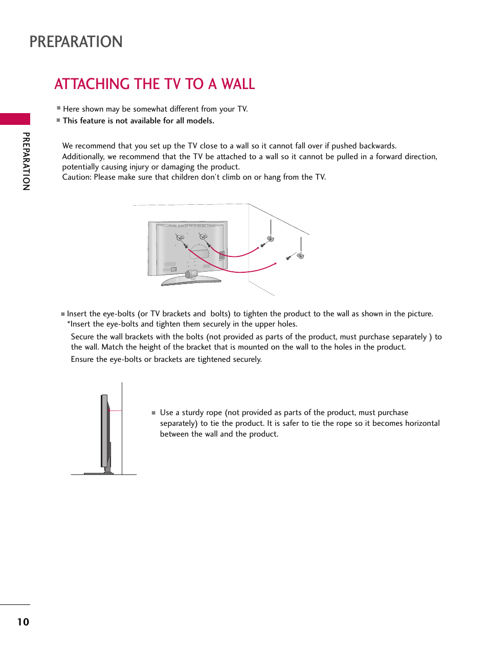 Attaching the tv to a wall, Preparation | LG 52LBX User Manual | Page 12 / 102